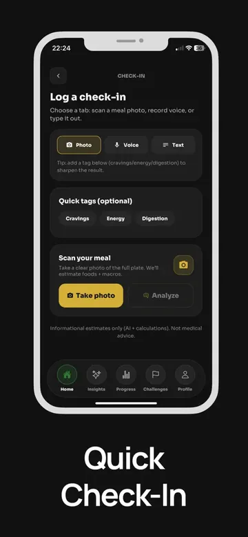 Log a check-in: photo, voice, or text