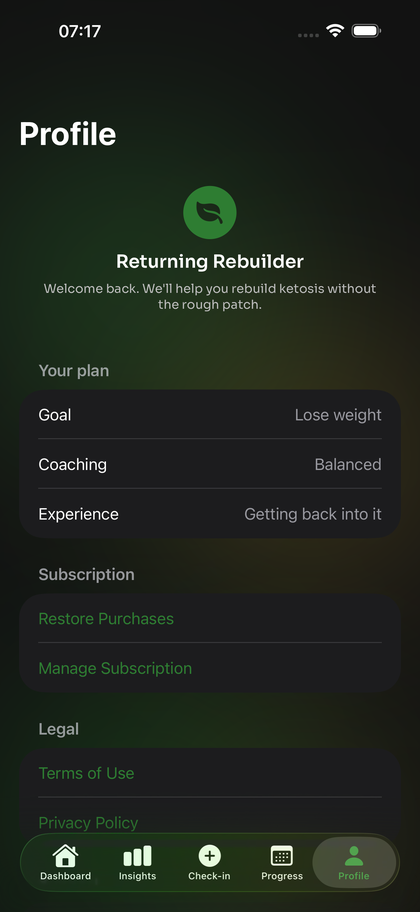 Profile screen with plan and subscription